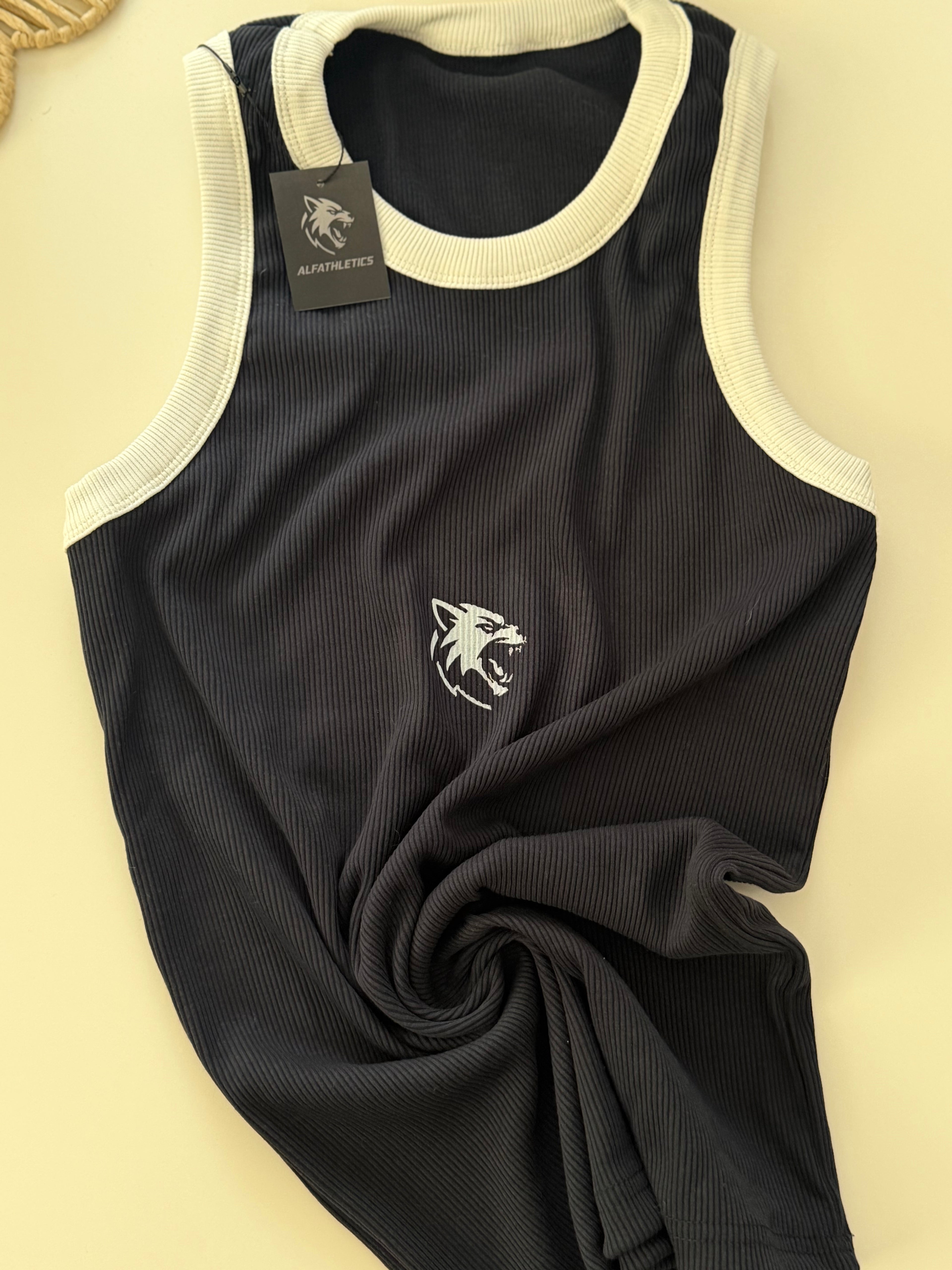 ALFATHLETICS Ribbed Tank Top – Lacivert / Beyaz Yaka